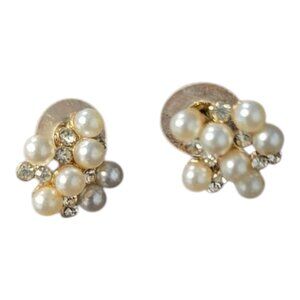 Classic Mid-Century Pearl Diamond Cluster Drop Earrings